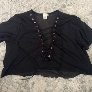 Mesh Cropped Lace-Up Black Top!